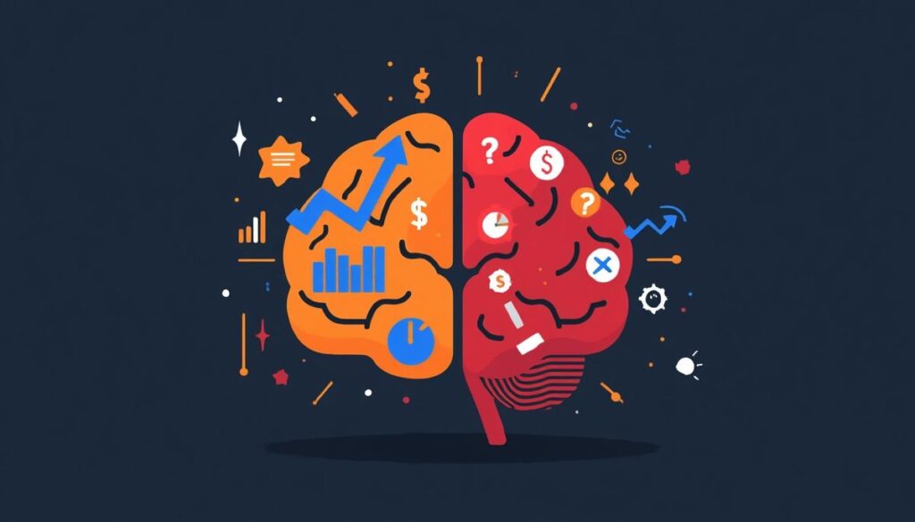 Ilustração de cérebro dividido em lado racional e emocional representando vieses cognitivos nos investimentos